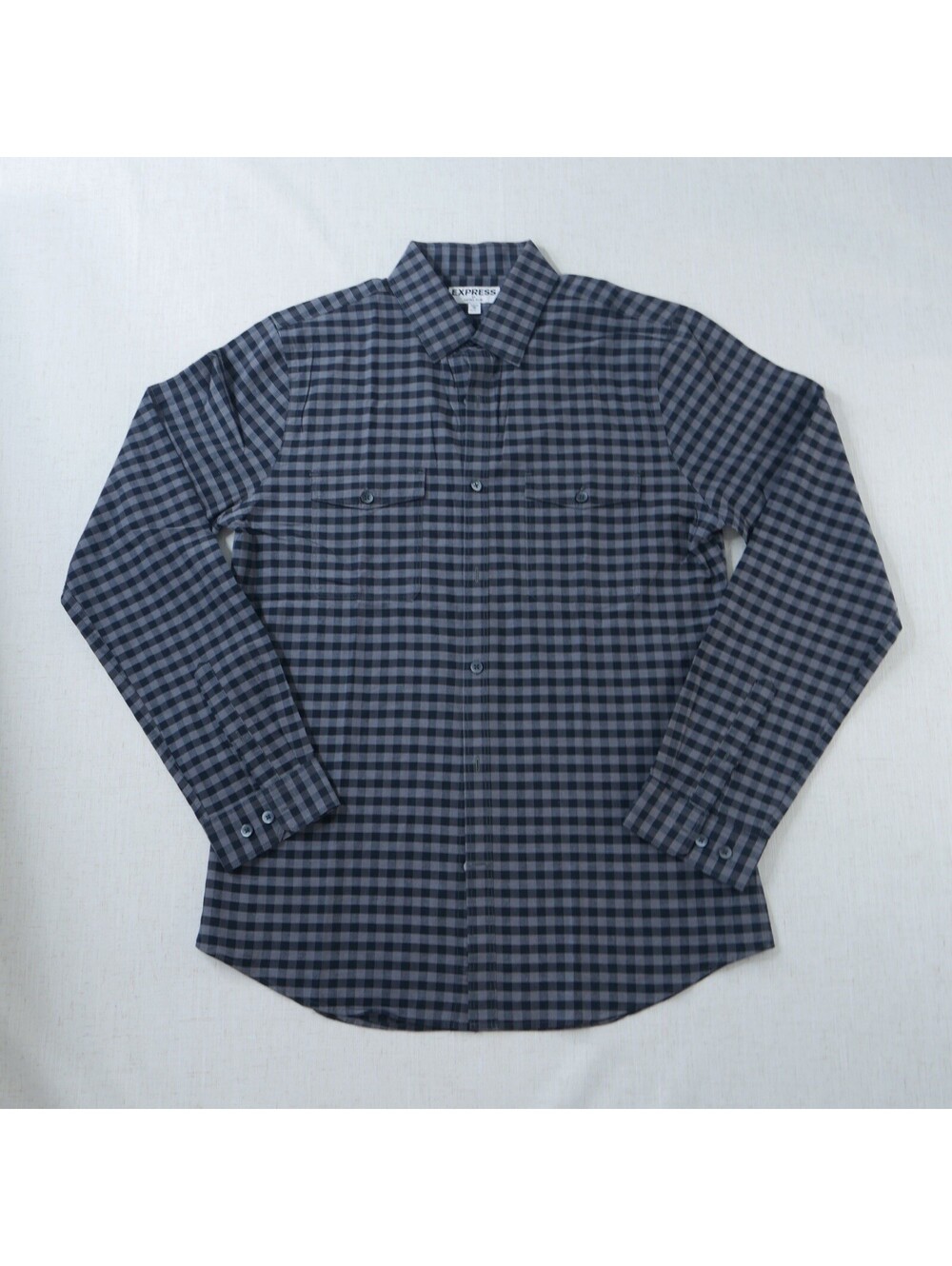 Express Mens Shirt M 15.5 Extra Slim Fit Button Black Charcoal Gingham Check